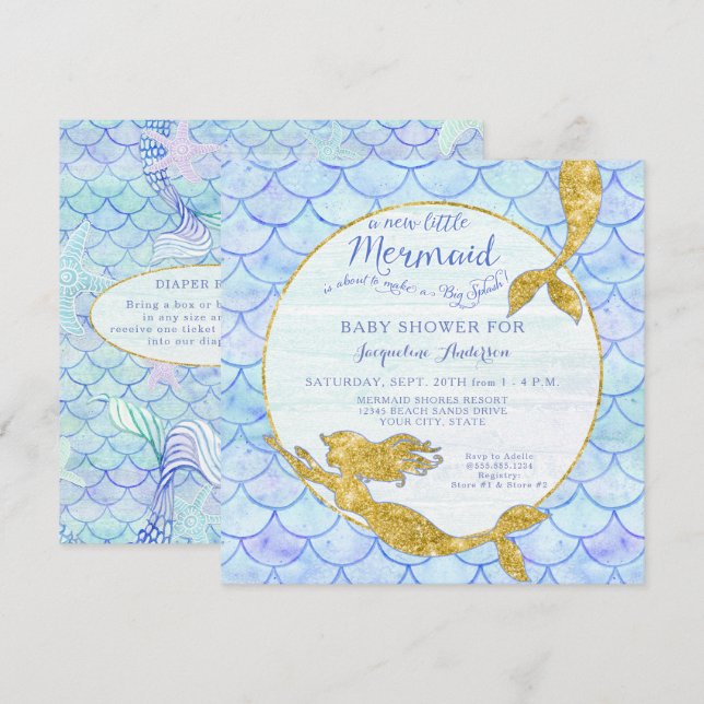 Invitation Baby shower fille sirène aquarelle échelles en or (Devant / Derrière)
