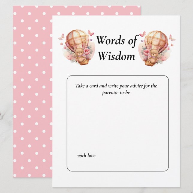 Invitation Baby shower Fille Teddy Balloon Sagesse Florale (Devant / Derrière)