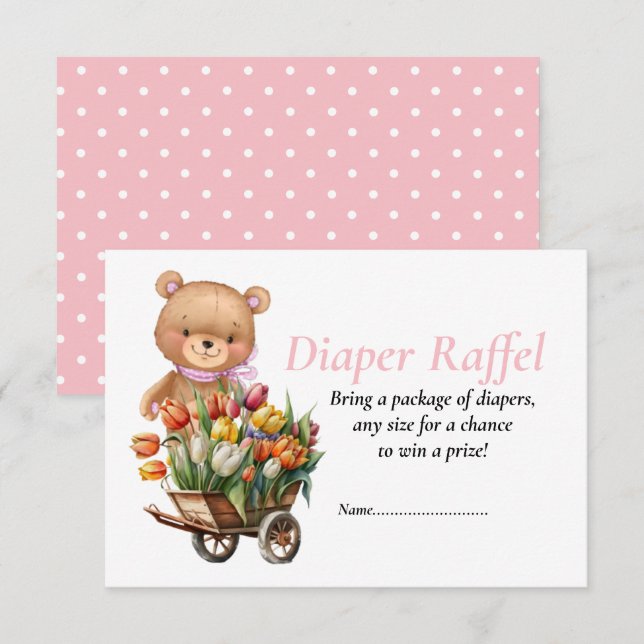 Invitation Baby Shower Fille Teddy Floral Lange de Bébé Raffe (Devant / Derrière)
