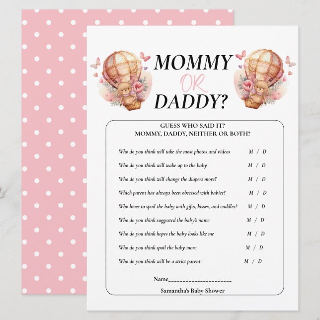 Invitation Baby shower Fille Teddy Maman Papa Balloon rose (Devant / Derrière)