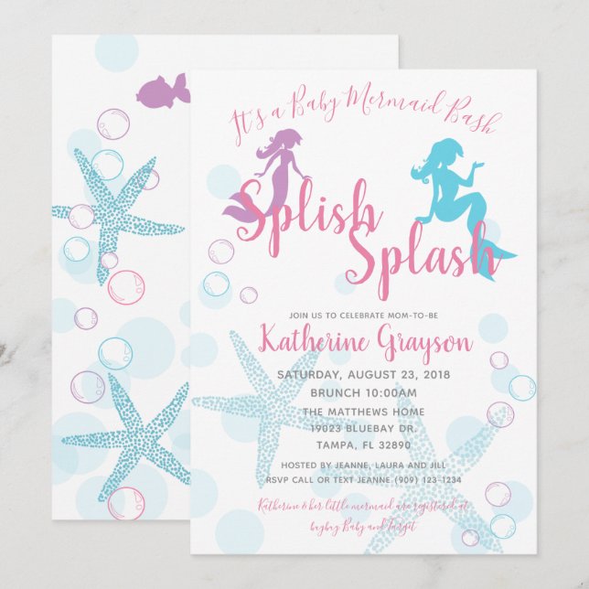 Invitation Baby shower fille Turquoise rose Sirène (Devant / Derrière)