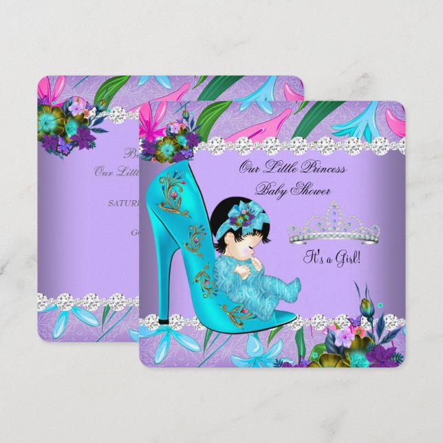 Invitation Baby shower fille Turquoise violet floral chaussur (Devant / Derrière)