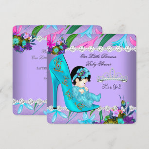 Invitation Baby shower fille Turquoise violet floral chaussur
