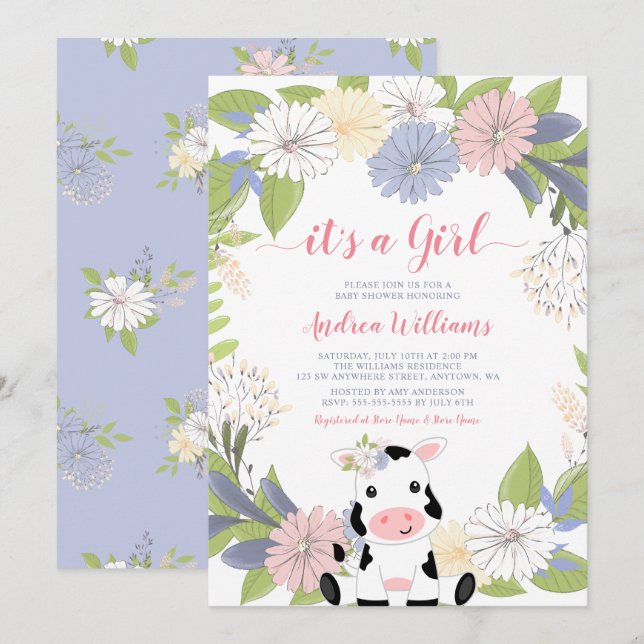 Invitation Baby shower Fille Vache de couronne flo (Devant / Derrière)