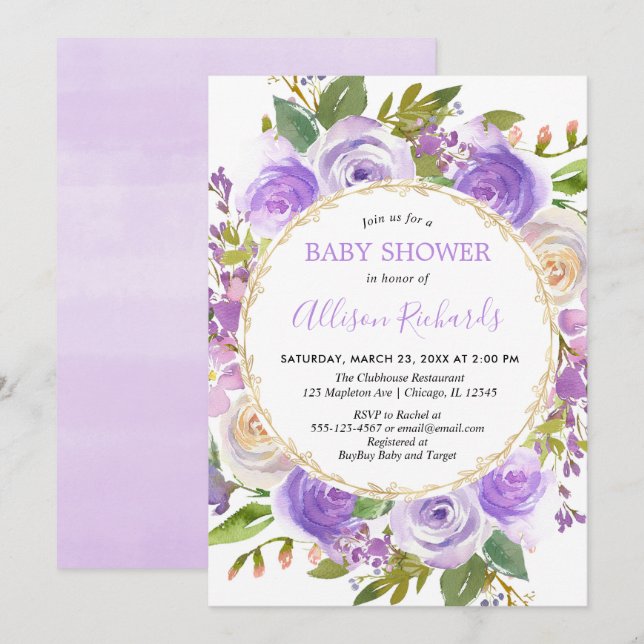 Invitation Baby shower fille violet, lavande florale lilas (Devant / Derrière)