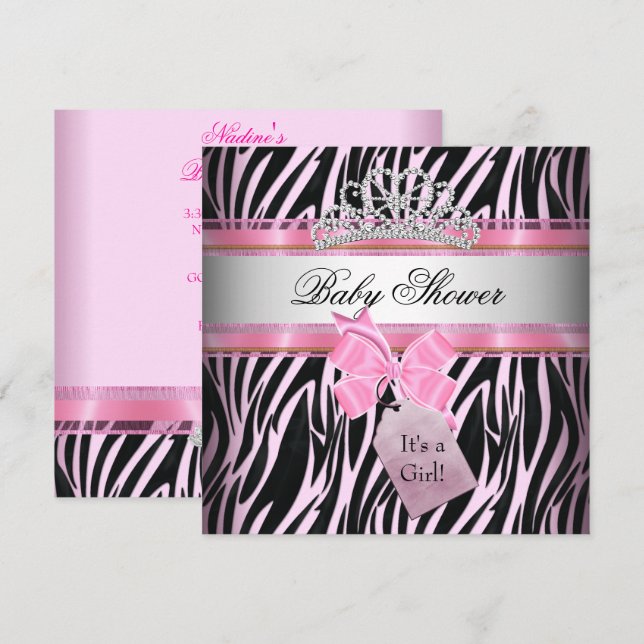 Invitation Baby shower fille Zebra rose princesse noire (Devant / Derrière)
