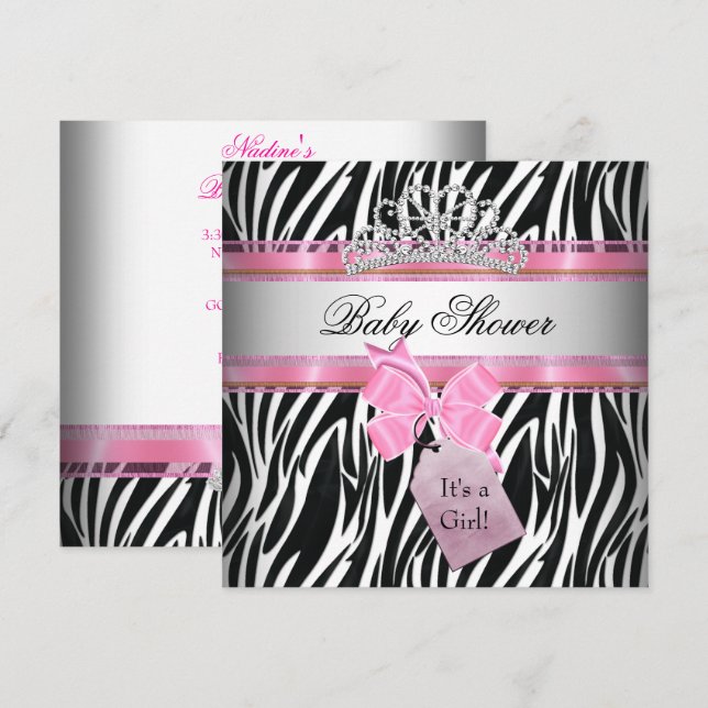 Invitation Baby shower fille Zebra rose princesse noire (Devant / Derrière)