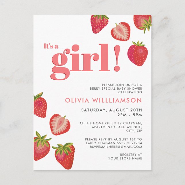 Invitation Baby shower Filles fraises (Devant)