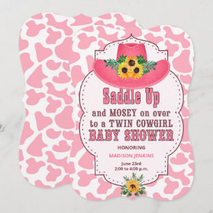 Invitation Baby Shower Filles Jumelles Cow-boys Rose
