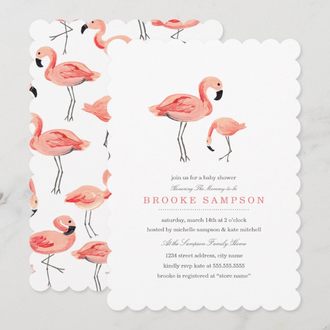 Invitation Baby shower Flamant rose (Devant / Derrière)