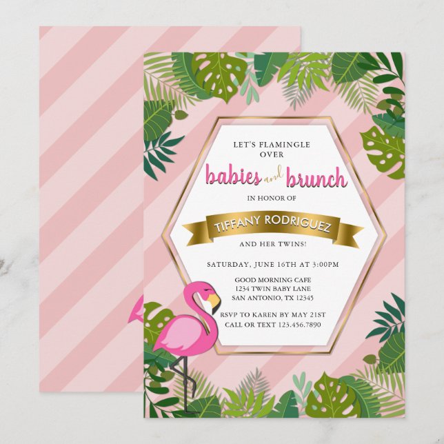 Invitation Baby shower Flamant rose bébé et Brunch Twins (Devant / Derrière)