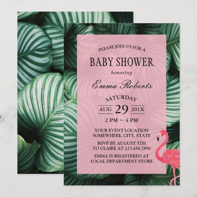 Invitation Baby shower Flamant rose Feuille tropical (Devant / Derrière)