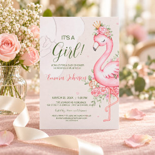 Invitation Baby Shower Flamant Rose Floral Rose