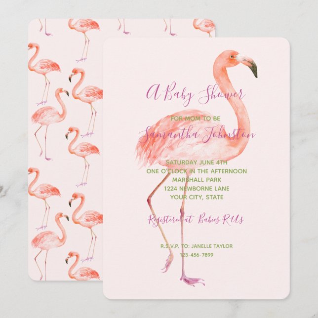 Invitation Baby shower Flamant rose rose (Devant / Derrière)