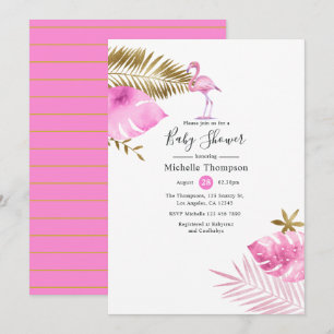 Invitation Baby shower Flamant rose rose et or