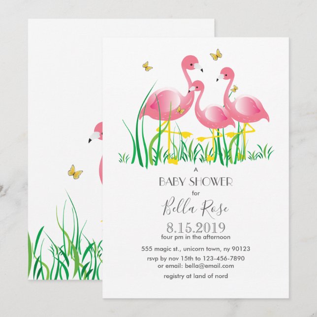 Invitation Baby shower Flamants roses roses (Devant / Derrière)