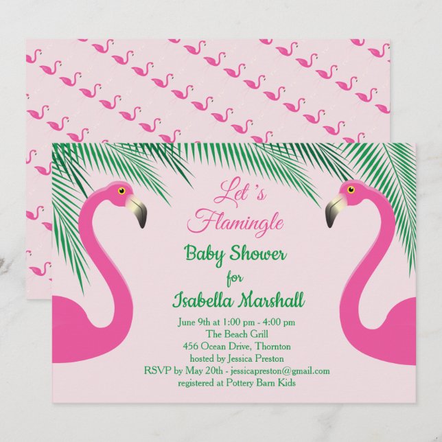 Invitation Baby shower flamingle - rose (Devant / Derrière)