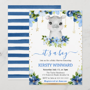 Invitation Baby Shower Fleur Aquarelle Hippopotame Garçon