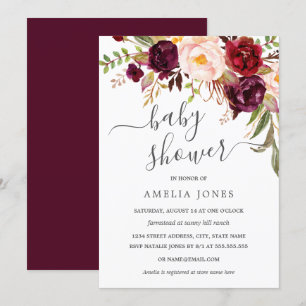 Invitation Baby Shower Fleur Aquarelle Moderne Bourgogne