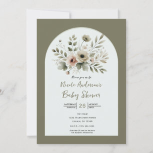 Invitation Baby-Shower Fleur Aquarelle Vert Olive Kaki
