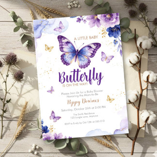 Invitation Baby Shower Fleur Bleu Violet Papillon