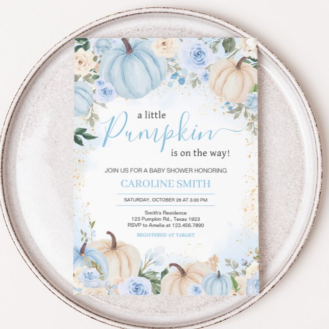 Invitation Baby Shower Fleur bleue et feuillage Petite citrou (Greenery Floral Pumpkin Invitation)