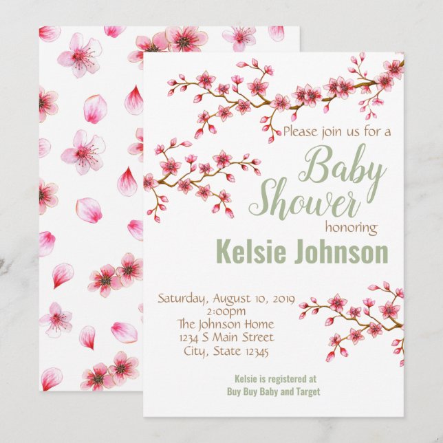 Invitation Baby Shower Fleur de Cerisier (Devant / Derrière)