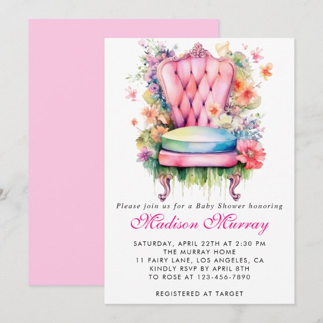 Invitation Baby shower Fleur Fleur Fleur Rose Fruit (Devant / Derrière)