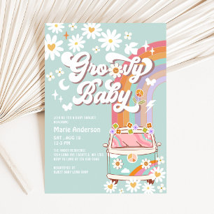 Invitation Baby Shower Fleur Groovy Menthe Arc-en-ciel Hippie