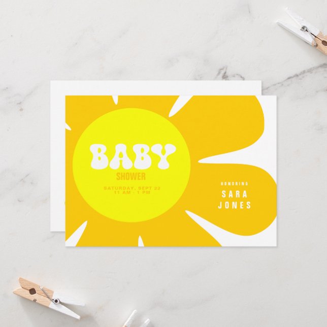 Invitation Baby shower Fleur Jaune Rétro (Devant/Arrière en situation)