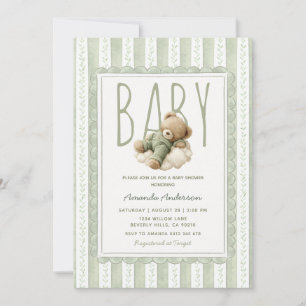 Invitation Baby Shower Fleur Rayure Ours Vert Sauge