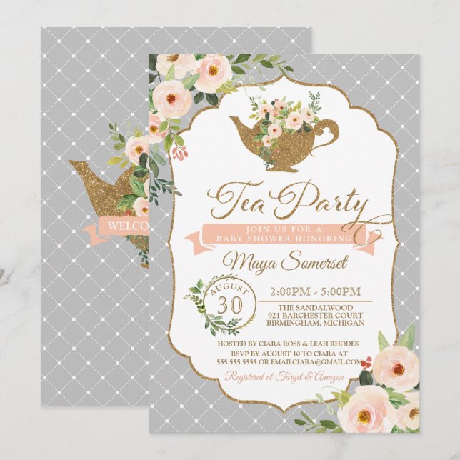 Invitation Baby Shower Fleur Rose Poudré et Gris Thé à la Men (Devant / Derrière)