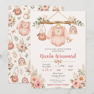 Invitation Baby Shower Fleur Rose sur Corde à Linge