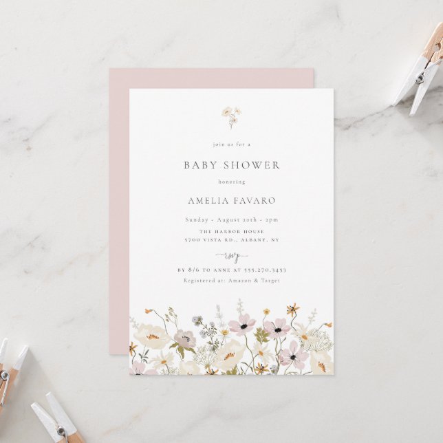 Invitation Baby shower fleur sauvage (Devant/Arrière en situation)