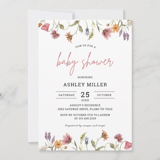 Invitation Baby shower Fleur sauvage (Devant)