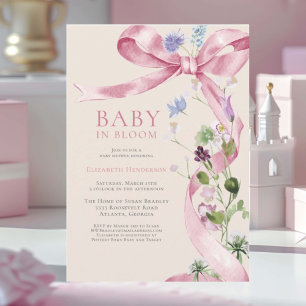 Invitation Baby shower Fleur sauvage à bow rose doux