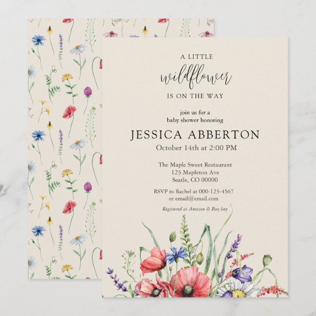 Invitation Baby shower Fleur sauvage aquarelle (Devant / Derrière)