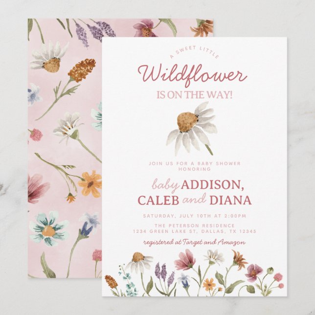 Invitation Baby shower Fleur sauvage aquarelle (Devant / Derrière)