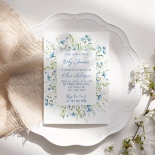 Invitation Baby Shower Fleur Sauvage Aquarelle Bleu Bohème Ga