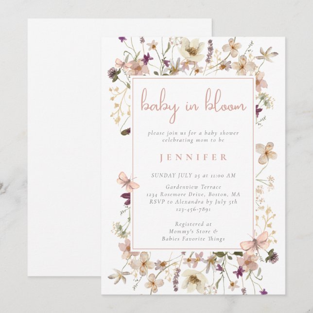 Invitation Baby shower Fleur sauvage Baby In Bloom Boho (Devant / Derrière)