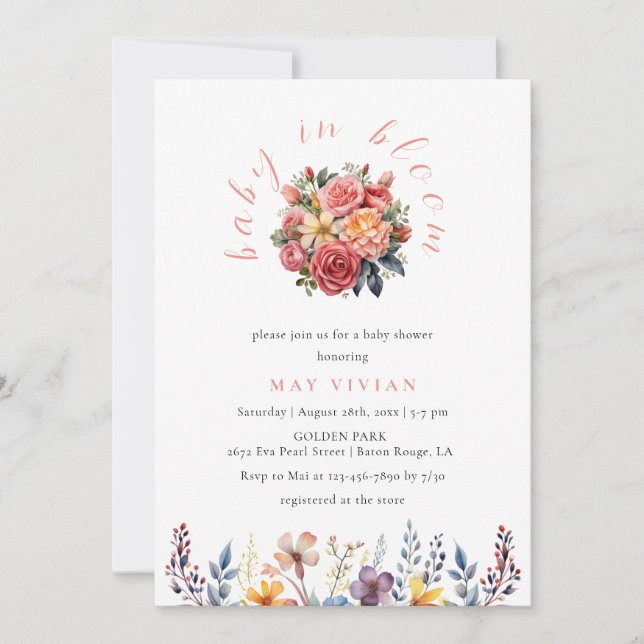 Invitation Baby shower Fleur sauvage bébé en fleurs aquarelle (Devant)