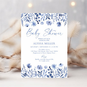 Invitation Baby shower Fleur sauvage bleu Dusty