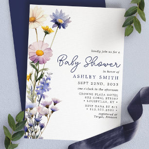 Invitation Baby Shower Fleur Sauvage Bleue Bohème Aquarelle