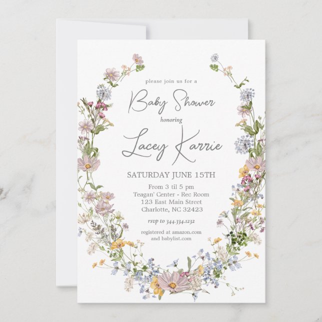 Invitation Baby shower fleur sauvage, Boho Floral (Devant)