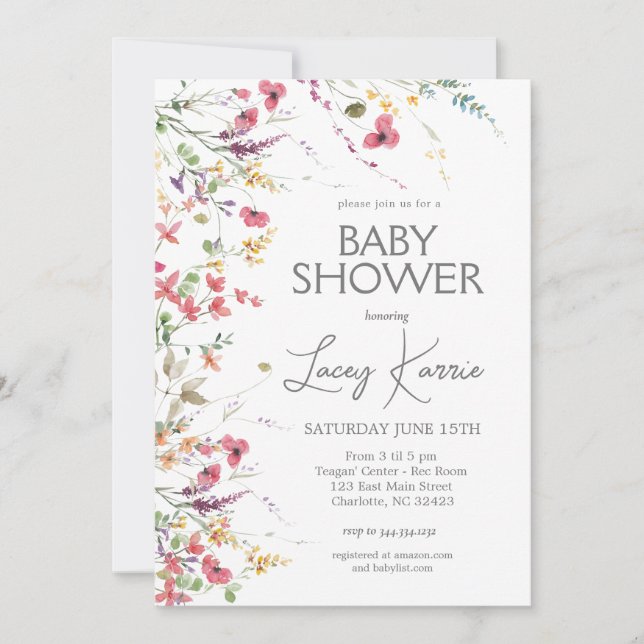 Invitation Baby shower fleur sauvage, Boho Floral (Devant)