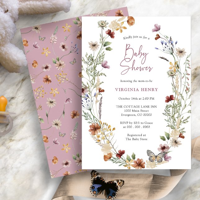 Invitation Baby shower Fleur sauvage Boho rose (Dusty Pink Boho Wildflower Baby Shower Invitation with Butterfly by Painted Paperie
)