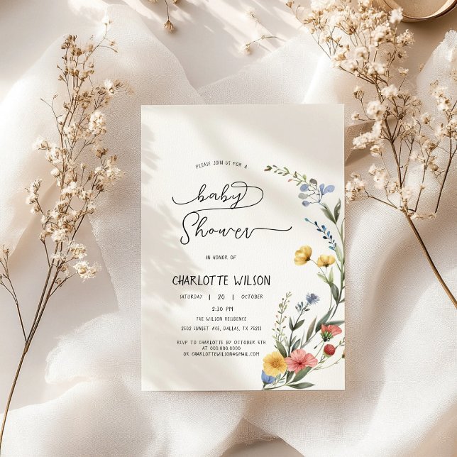 Invitation Baby shower Fleur sauvage couleur aquarelle (Créateur téléchargé)