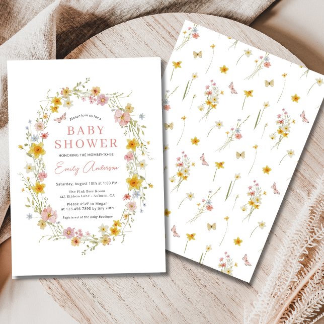 Invitation Baby shower Fleur sauvage de papillon rose (Créateur téléchargé)