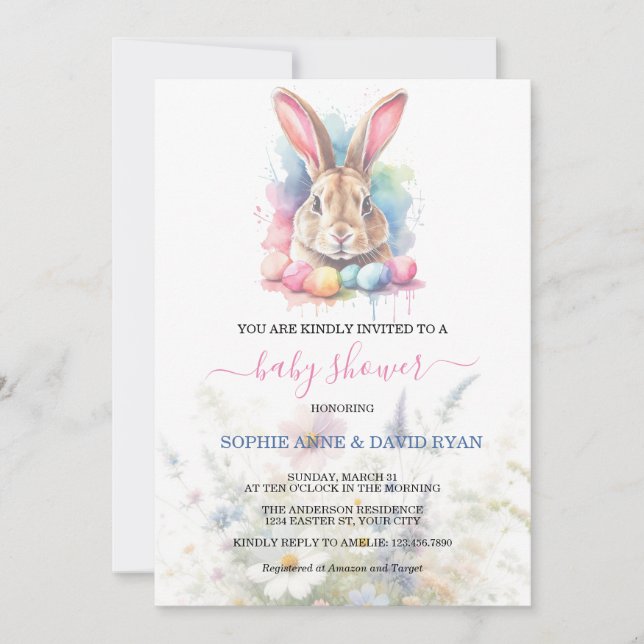 Invitation Baby shower Fleur sauvage des oeufs de lapin d'aqu (Devant)