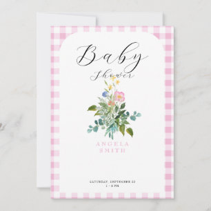 Invitation Baby shower Fleur sauvage en arc En vichy rose
